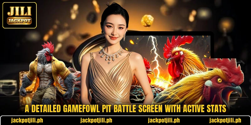 A detailed Gamefowl Pit Battle screen with active stats A detailed Gamefowl Pit Battle screen with active stats