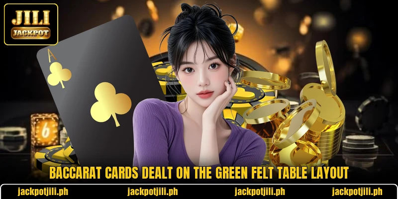 Baccarat cards dealt on the green felt table layout Baccarat cards dealt on the green felt table layout